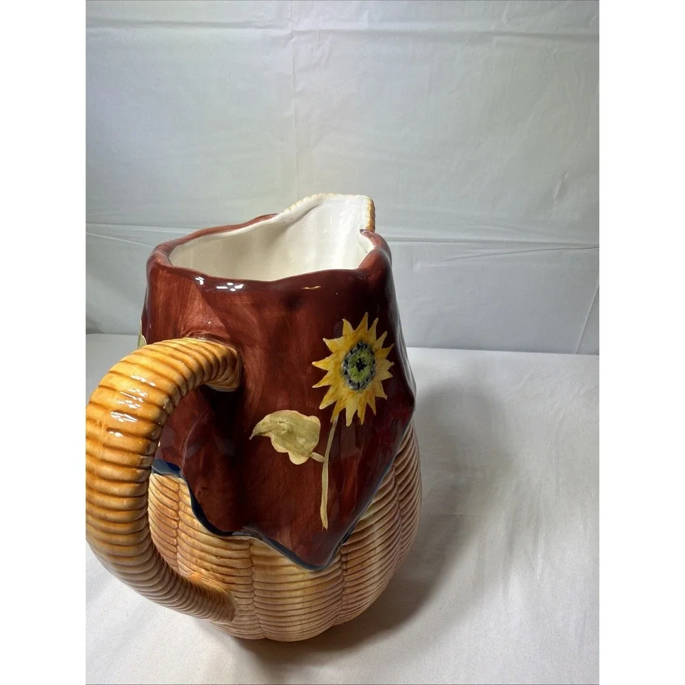 WCL Hand Painted Ceramic Pitcher Basket Weave with Sunflowers 9